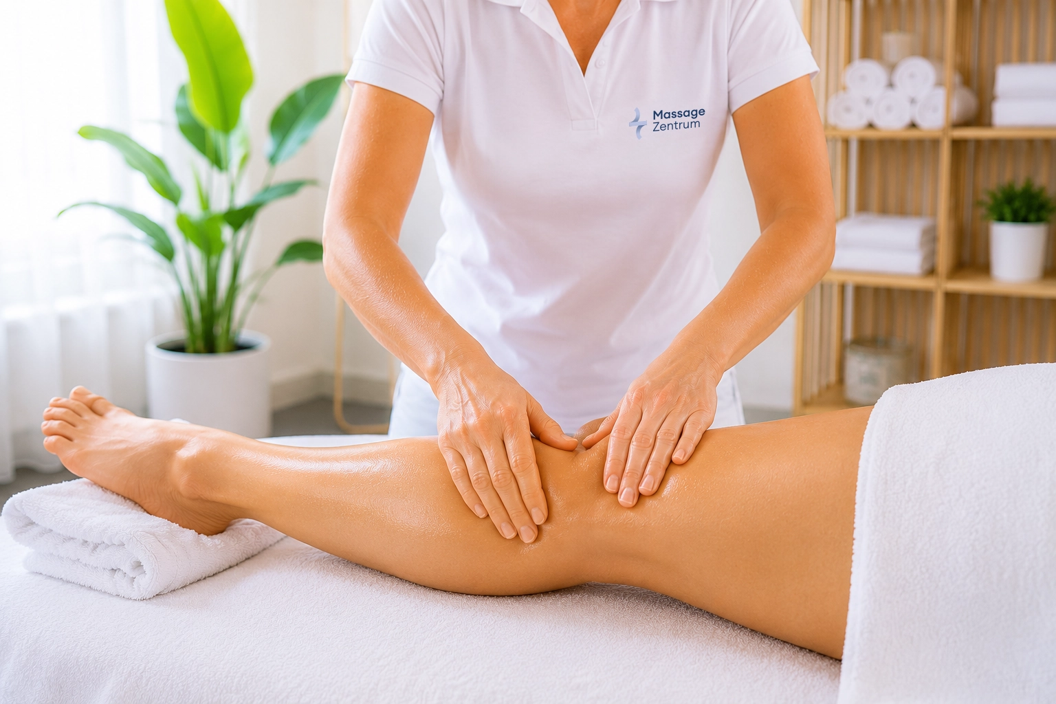 Sanfte Grifftechnik der manuellen Lymphdrainage am Bein im Massage Zentrum Wallisellen